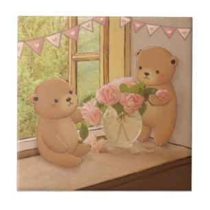Valentijnsdag: Teddyberen & Bloemen Tegeltje