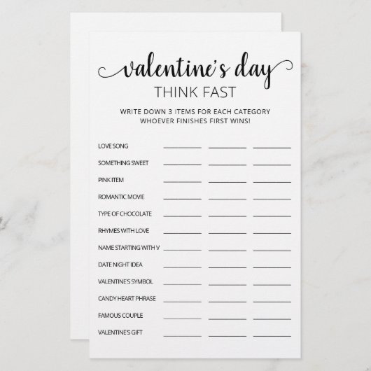 Valentijnsdag Think Fast, Think Quick party game (Voorkant / Achterkant)