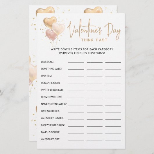 Valentijnsdag Think Fast, Think Quick party game (Voorkant / Achterkant)