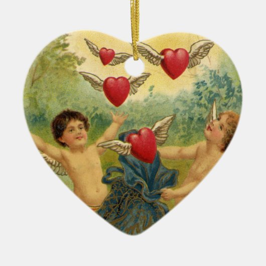 Valentijnsdag, Victoriaans Cherubs Harten Keramisch Ornament (Voorkant)