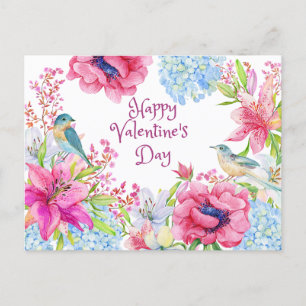 Valentijnsdag Waterverf  bloemen, vogels Briefkaart