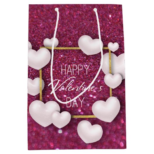 Valentijnsdag White Heart Glitter Medium Gift Bag Medium Cadeauzakje (Voorkant)