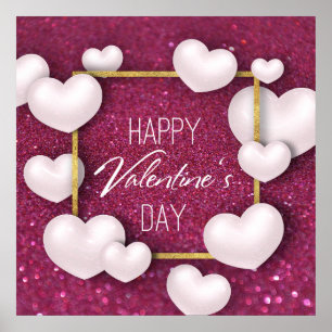 Valentijnsdag White Hearts Glitter Poster Print