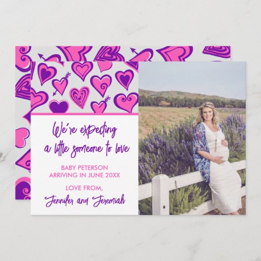 Valentijnsdag zwangerschapsaankondiging roze paars aankondiging (Voorkant / Achterkant)