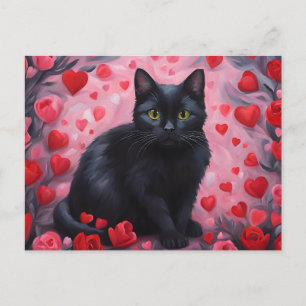 Valentijnsdag Zwarte Kat met Harten en Rozen Feestdagenkaart