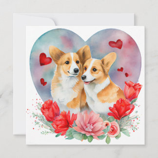 Valentijnse Corgi Pair, Heart, Flowers, Waterverf Feestdagenkaart