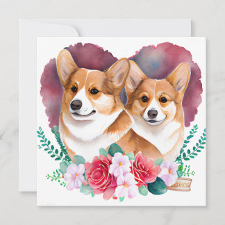 Valentijnse Corgi Pair, Heart, Flowers, Waterverf Feestdagenkaart