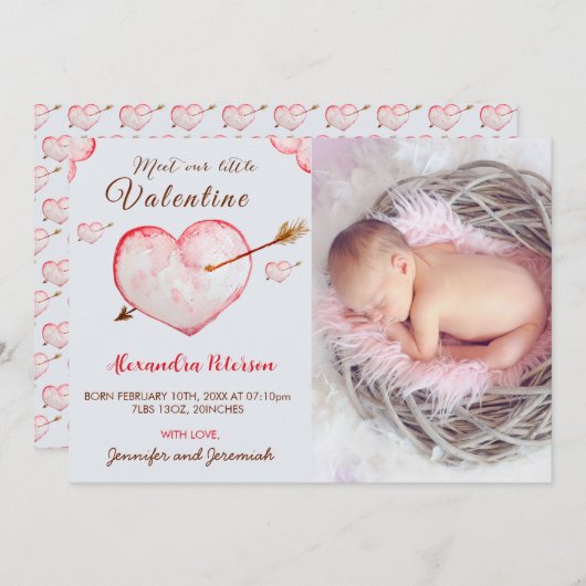 Valentijnse  geboortekaartjes hartpijl aankondiging (Voorkant / Achterkant)