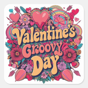 Valentijnse groovy dag, retro clipart vierkante sticker