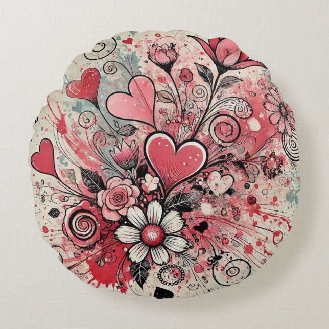 Valentijnse Harten / Daisy / Splatter Art Rond Kussen (Voorkant)