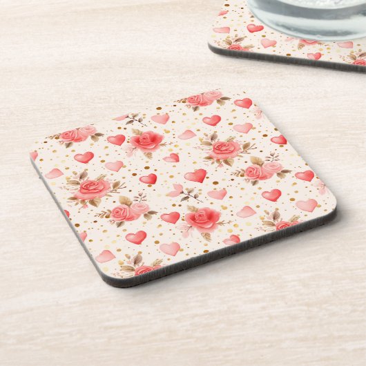 Valentijnse Roze Waterverf Rozen en harten Bier Onderzetter (Linkerzijde)