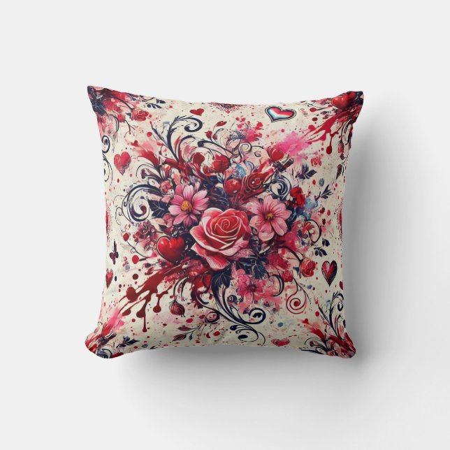 Valentijnse Rozen Boeket / Splatter Art Kussen (Voorkant)