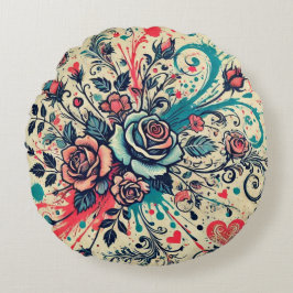Valentijnse Rozen / Roze & Blauwgroen / Splatter A Rond Kussen