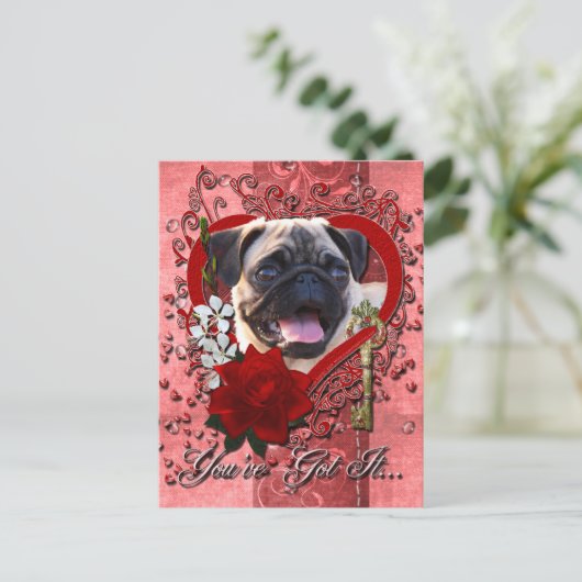 Valentijnse - Sleutel voor Mijn hart - Pug Feestdagenkaart (Staand voorkant)
