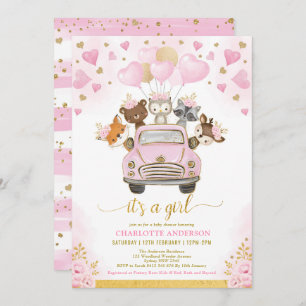 Valentijnse  Woodland Pink Gold Balloons Baby show Kaart
