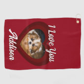 Valentijnshart hond liefde Aangepaste foto naam op Golfhanddoek (Horizontaal)