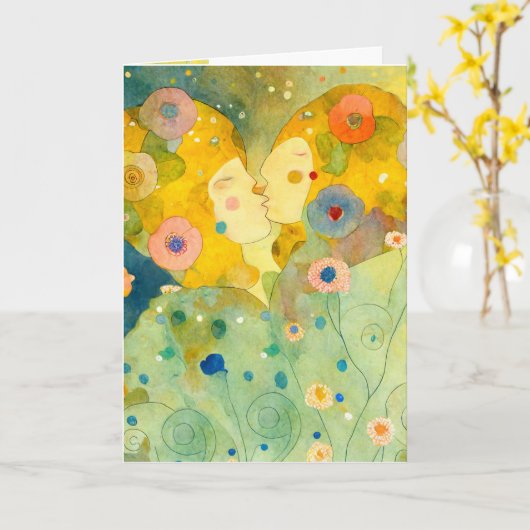 Valentijnskaart met zoenende mooie impressie kaart (Gele Bloem)