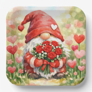 Valentijnskabouter met bos rode rozen papieren bordje
