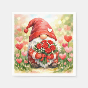 Valentijnskabouter met bos rode rozen servet