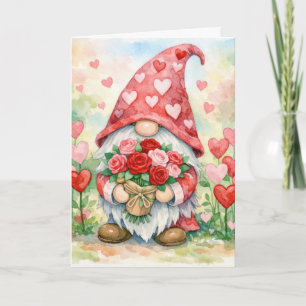 Valentijnskabouter met rode rozen kaart