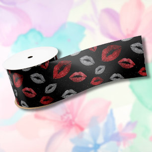 Valentijnsrood Zilver Glitter Lippen op Zwart Lint