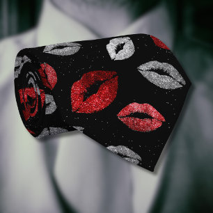 Valentijnsrood Zilver Glitter Lippen op Zwart Stropdas