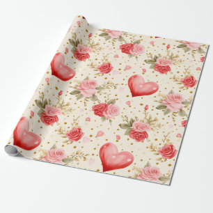 Valentijnsroze en rode rozen en harten  cadeaupapier