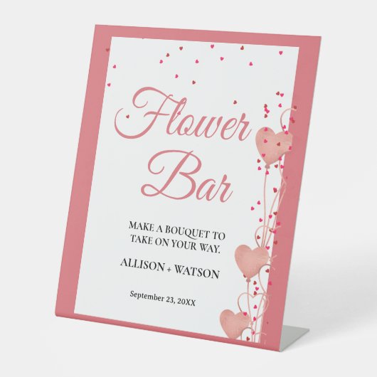 Valentijnsroze Hart bruidsfeest bloemenbar bord Reclamebord Met Voetstuk (Voorkant)