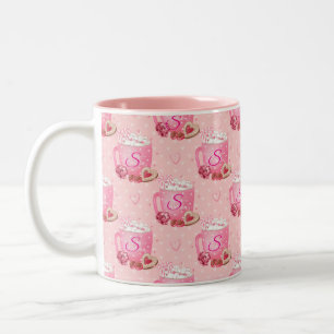 Valentijnsroze & witte koffiemok met initiaal tweekleurige koffiemok
