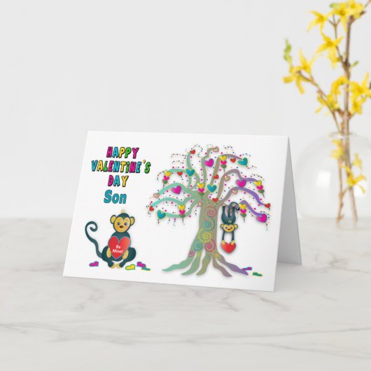 Valentijns's Son Kinder Aap en Heart Tree Fun Ca Kaart (Gele Bloem)