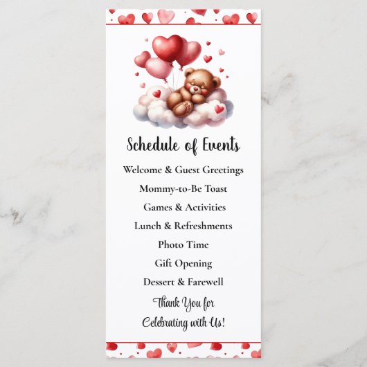 Valentine Bear Baby shower Menu et programme (Dos)