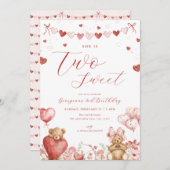 Valentine Bear Two Sweet Second Birthday Invite Kaart (Voorkant / Achterkant)