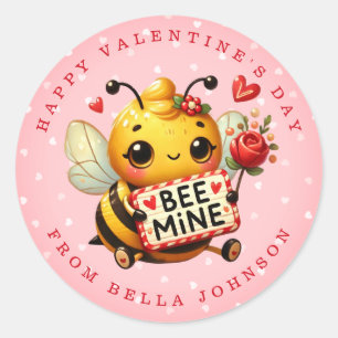 Valentine Bee Nom personnalisé Stickers ronds