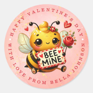 Valentine Bee Nom personnalisé Stickers ronds