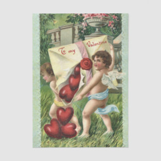 Valentine Cherubs with Envelope of Red Hearts Tissuepapier