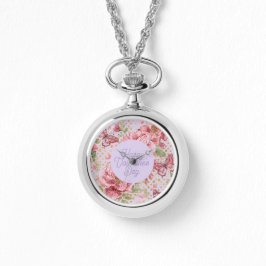 Valentine Days,Elegant,Purple Peach Flowers Patter Horloge