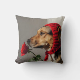 Valentine dog holding rose portrait, cute dog kussen