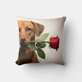 valentine dog holding rose portrait, cute dog kussen