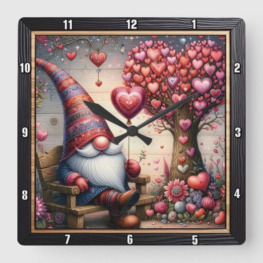 Valentine Garden Gnome Heart Tree Vierkante Klok (Voorkant)
