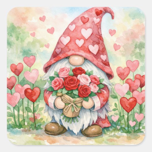 Valentine Gnome with Red Roses Vierkante Sticker (Voorkant)