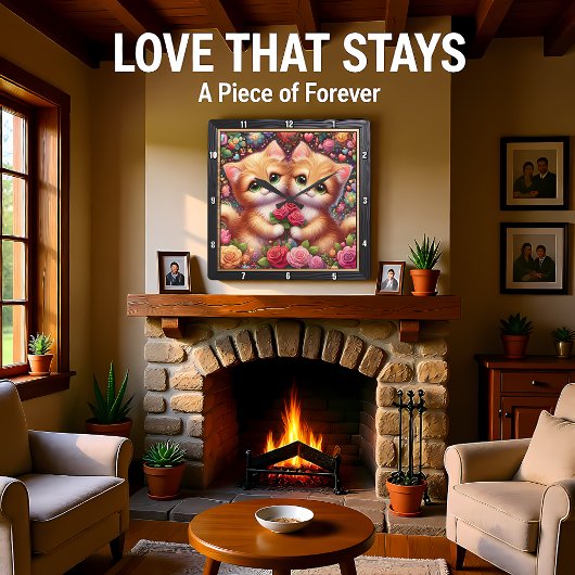 Valentine Kitten Couple Rose Wall Vierkante Klok