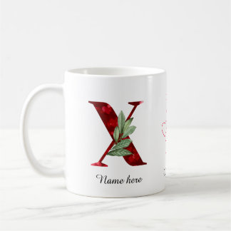 Valentine Red Heart Floral Letter X Initial Mug Koffiemok
