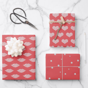 Valentine Rood Glam Diamanten Lippen Harten Inpakpapier Vel