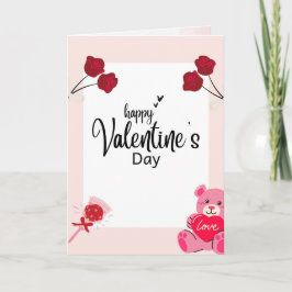 Valentine’s Day Card with Red Roses & Teddy Bear Feestdagen Kaart