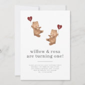 Valentine Twins Bear First Birthday Invitation (Devant)