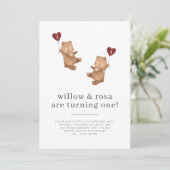 Valentine Twins Bear First Birthday Invitation (Debout devant)