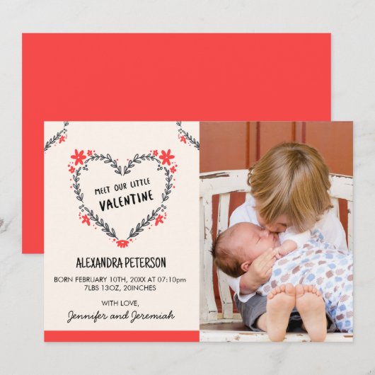 Valentines birth announcement floral heart aankondiging (Voorkant / Achterkant)