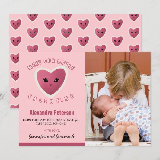 Valentines Cartes faire-part de naissance coeur do (Devant / Derrière)