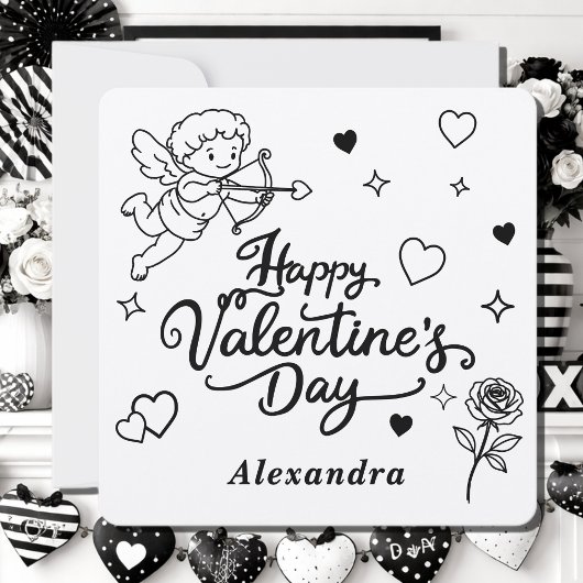 Valentines Cherub & Romantic Doodle Personalized Feestdagenkaart
