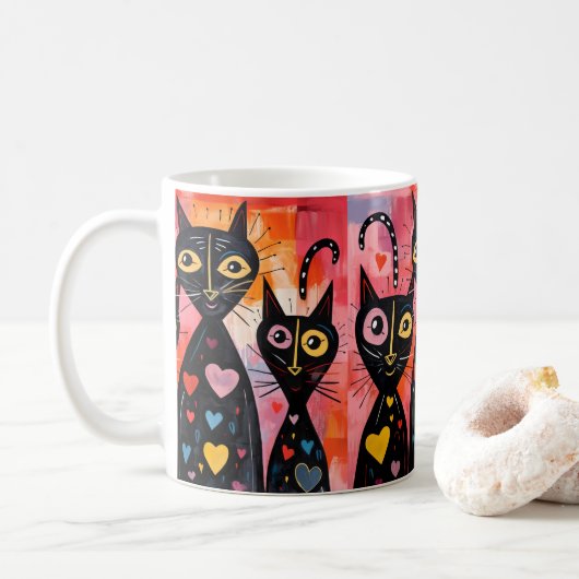 Valentine's Day Cat Red Hearts Mugs (Avec donut)